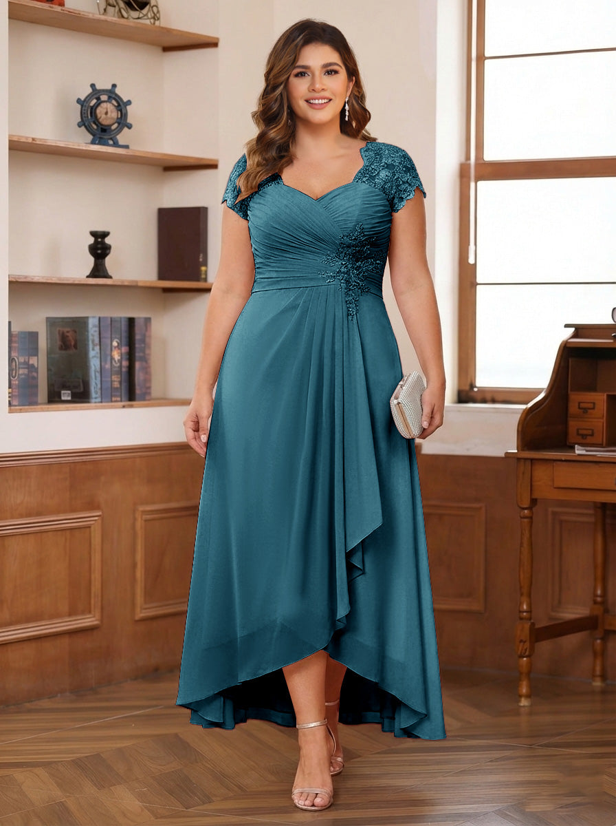 A-Line/Princess Sweetheart Short Sleeves Asymmetrical Plus Size Mother of the Bride Dresses with Appliques &amp; Ruffles
