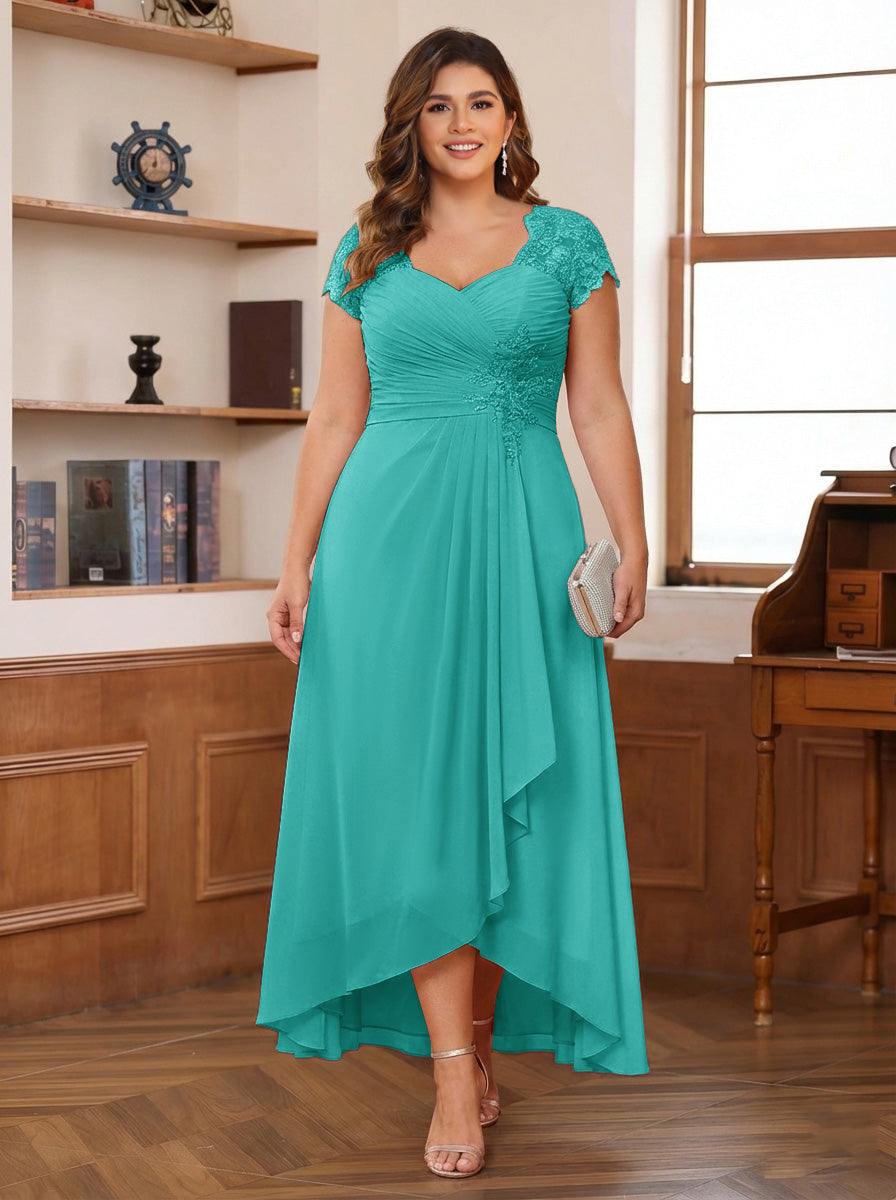 A-Line/Princess Sweetheart Short Sleeves Asymmetrical Plus Size Mother of the Bride Dresses with Appliques &amp; Ruffles
