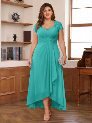 A-Line/Princess Sweetheart Short Sleeves Asymmetrical Plus Size Mother of the Bride Dresses with Appliques & Ruffles