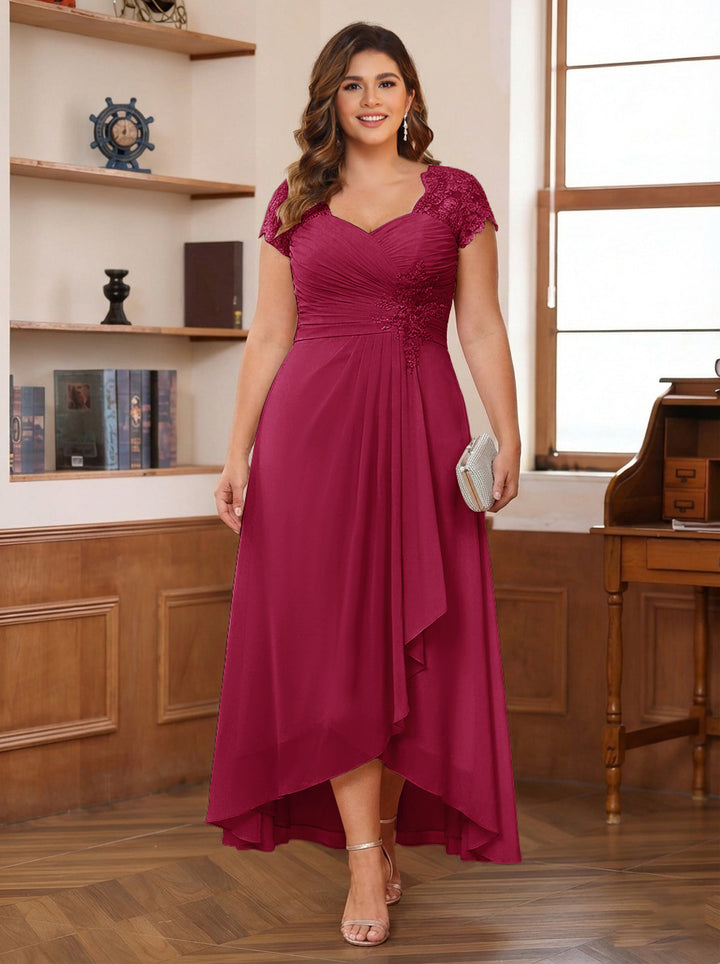 A-Line/Princess Sweetheart Short Sleeves Asymmetrical Plus Size Mother of the Bride Dresses with Appliques &amp; Ruffles