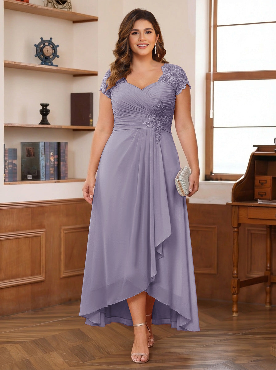 A-Line/Princess Sweetheart Short Sleeves Asymmetrical Plus Size Mother of the Bride Dresses with Appliques &amp; Ruffles