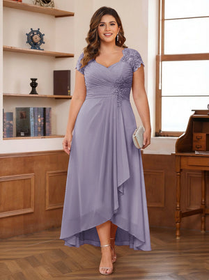 A-Line/Princess Sweetheart Short Sleeves Asymmetrical Plus Size Mother of the Bride Dresses with Appliques & Ruffles