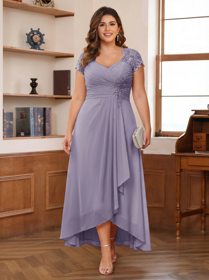 A-Line/Princess Sweetheart Short Sleeves Asymmetrical Plus Size Mother of the Bride Dresses with Appliques &amp; Ruffles