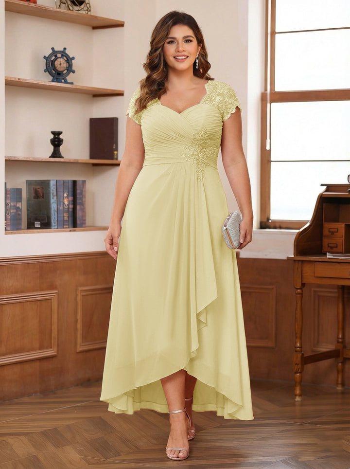 A-Line/Princess Sweetheart Short Sleeves Asymmetrical Plus Size Mother of the Bride Dresses with Appliques &amp; Ruffles