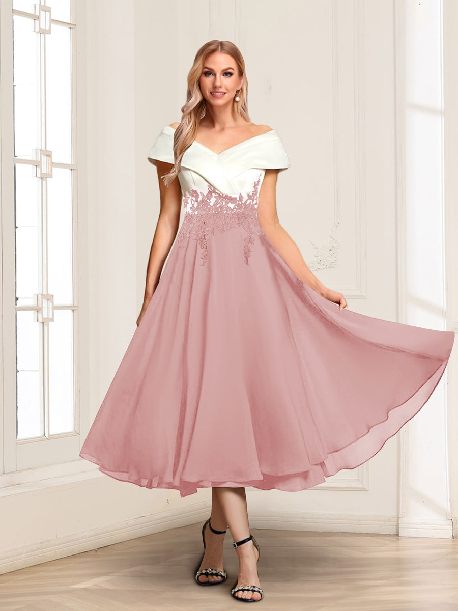 A-Line/Princess V-Neck Cap Sleeves Tea-Length Mother of the Bride with Appliques