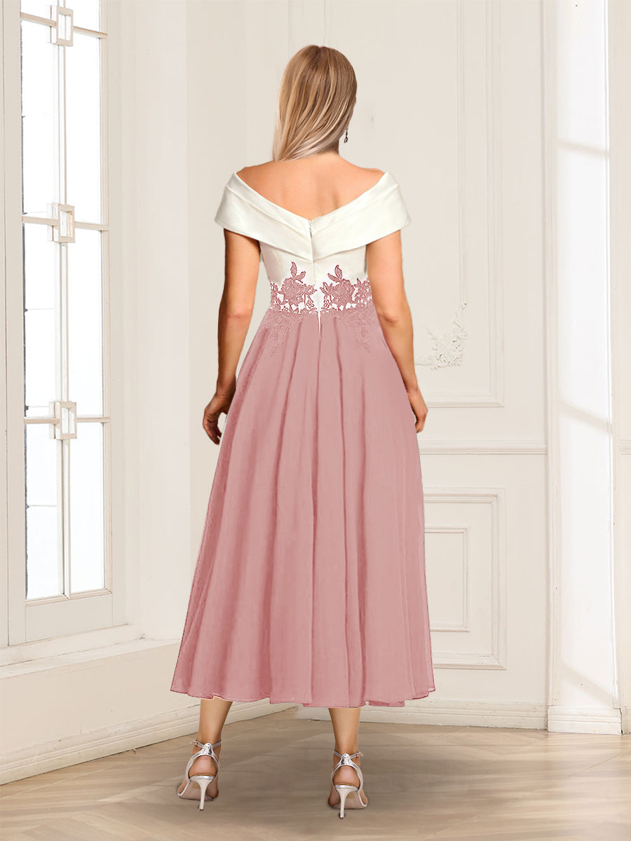 A-Line/Princess V-Neck Cap Sleeves Tea-Length Mother of the Bride with Appliques