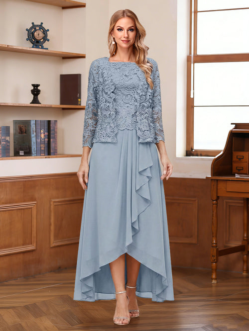 A-Line/Princess Square Neck 3/4 Sleeves Asymmetrical Mother of the Bride Dresses with Appliques & Jacket