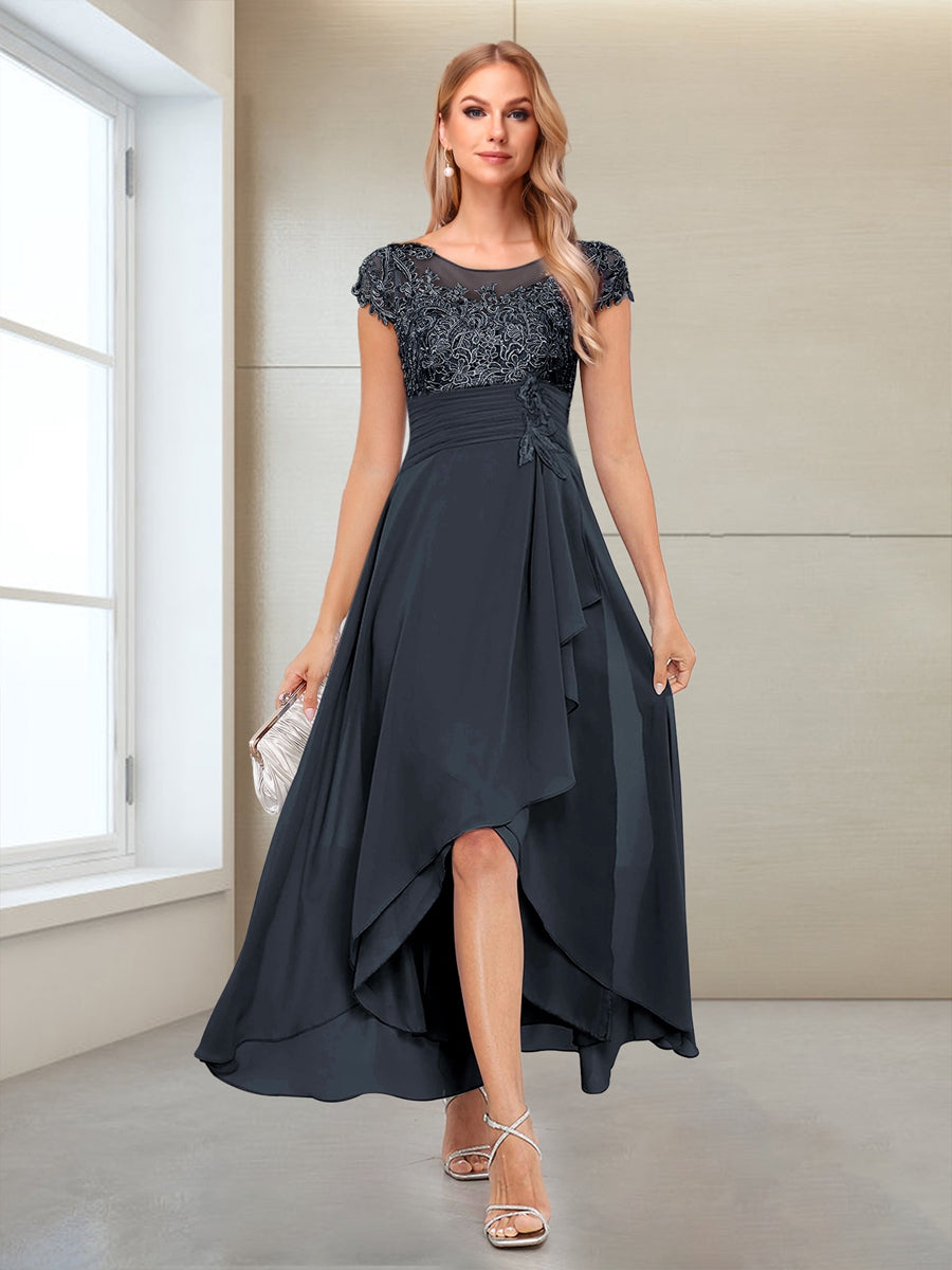 A-Line/Princess Scoop Short Sleeves Chiffon Mother of the Bride Dresses with Applique & Ruffles