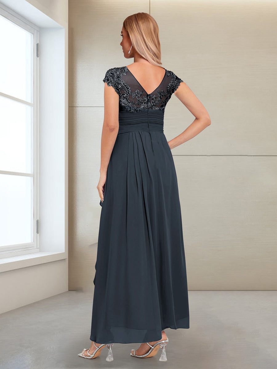 A-Line/Princess Scoop Short Sleeves Chiffon Mother of the Bride Dresses with Applique & Ruffles