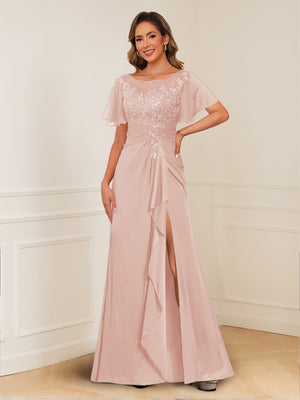 A-Line/Princess Illusion Scoop Appliques Ruched Mother of the Bride Dresses with Split Side