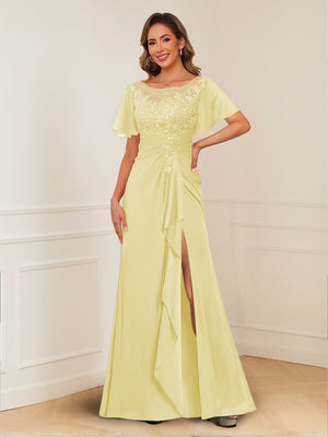 A-Line/Princess Illusion Scoop Appliques Ruched Mother of the Bride Dresses with Split Side