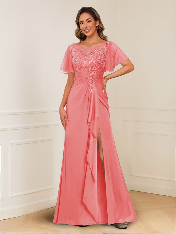 A-Line/Princess Illusion Scoop Appliques Ruched Mother of the Bride Dresses with Split Side