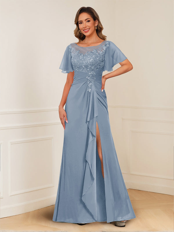 A-Line/Princess Illusion Scoop Appliques Ruched Mother of the Bride Dresses with Split Side