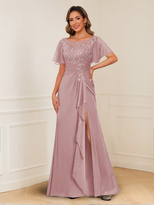 A-Line/Princess Illusion Scoop Appliques Ruched Mother of the Bride Dresses with Split Side