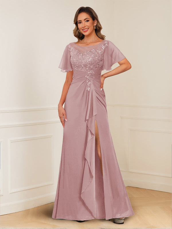 A-Line/Princess Illusion Scoop Appliques Ruched Mother of the Bride Dresses with Split Side