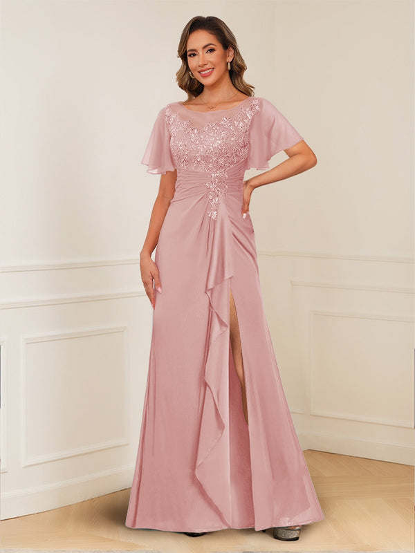 A-Line/Princess Illusion Scoop Appliques Ruched Mother of the Bride Dresses with Split Side