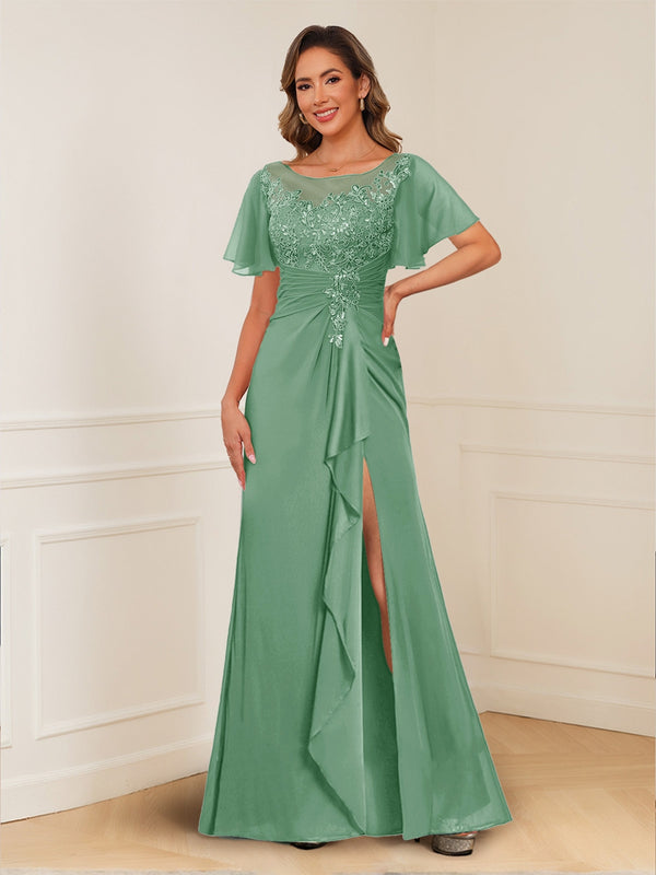 A-Line/Princess Illusion Scoop Appliques Ruched Mother of the Bride Dresses with Split Side