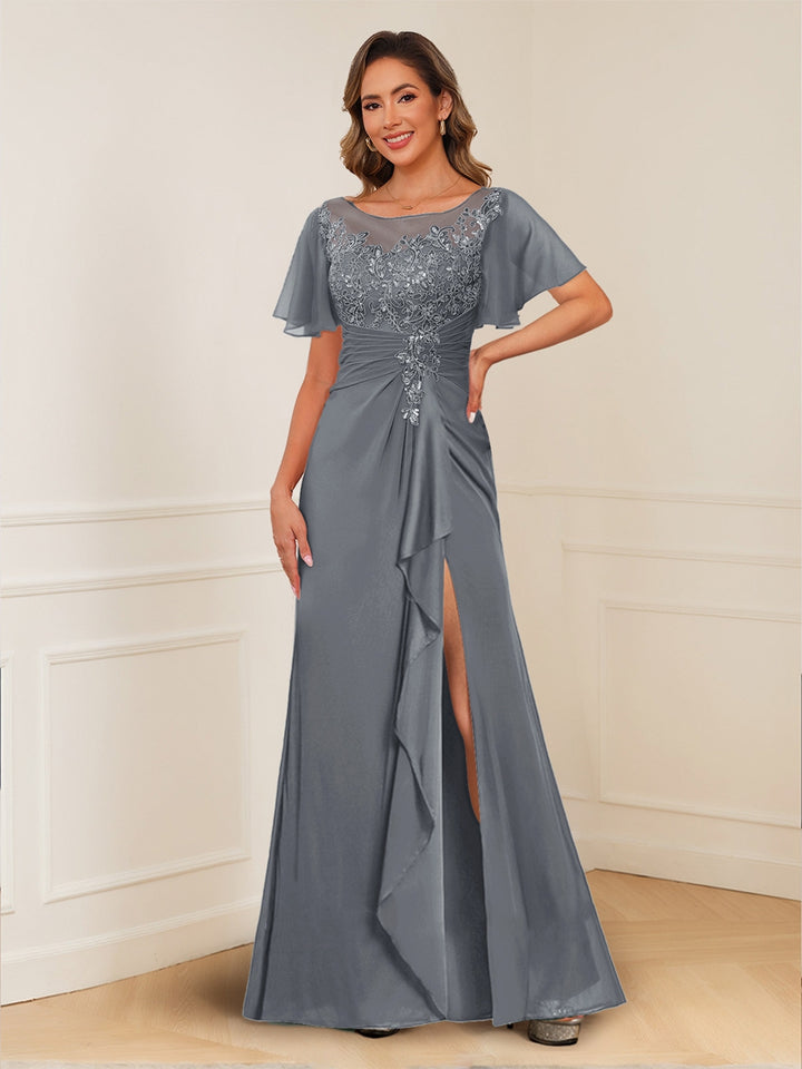 A-Line/Princess Illusion Scoop Appliques Ruched Mother of the Bride Dresses with Split Side