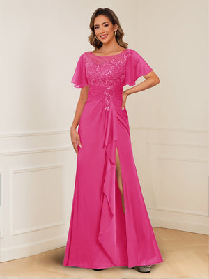 A-Line/Princess Illusion Scoop Appliques Ruched Mother of the Bride Dresses with Split Side