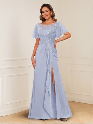 A-Line/Princess Illusion Scoop Appliques Ruched Mother of the Bride Dresses with Split Side