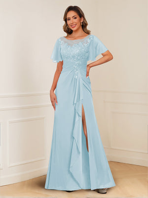 A-Line/Princess Illusion Scoop Appliques Ruched Mother of the Bride Dresses with Split Side