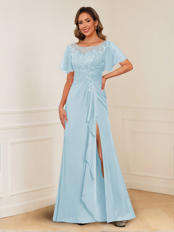 A-Line/Princess Illusion Scoop Appliques Ruched Mother of the Bride Dresses with Split Side