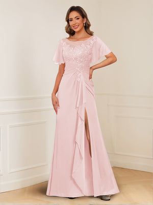 A-Line/Princess Illusion Scoop Appliques Ruched Mother of the Bride Dresses with Split Side