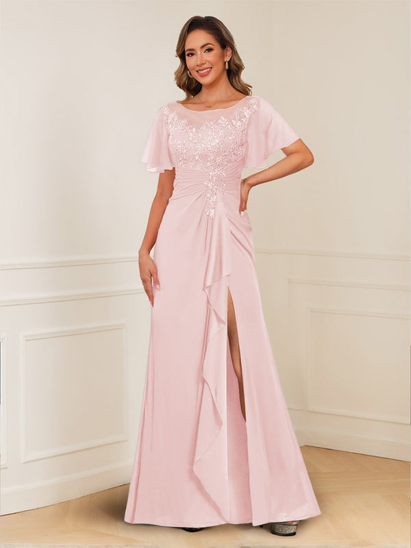 A-Line/Princess Illusion Scoop Appliques Ruched Mother of the Bride Dresses with Split Side
