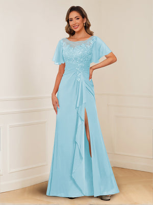 A-Line/Princess Illusion Scoop Appliques Ruched Mother of the Bride Dresses with Split Side