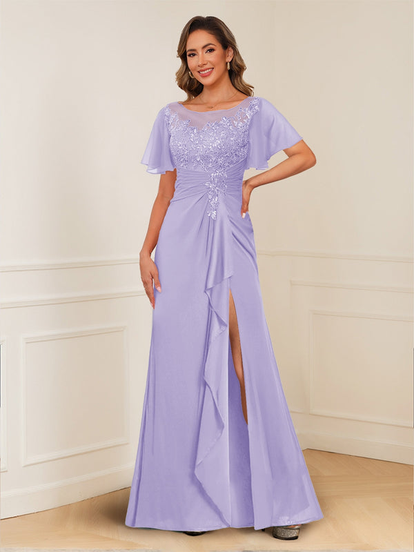 A-Line/Princess Illusion Scoop Appliques Ruched Mother of the Bride Dresses with Split Side