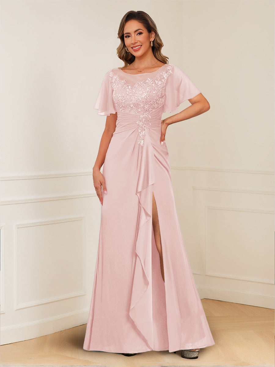 A-Line/Princess Illusion Scoop Appliques Ruched Mother of the Bride Dresses with Split Side