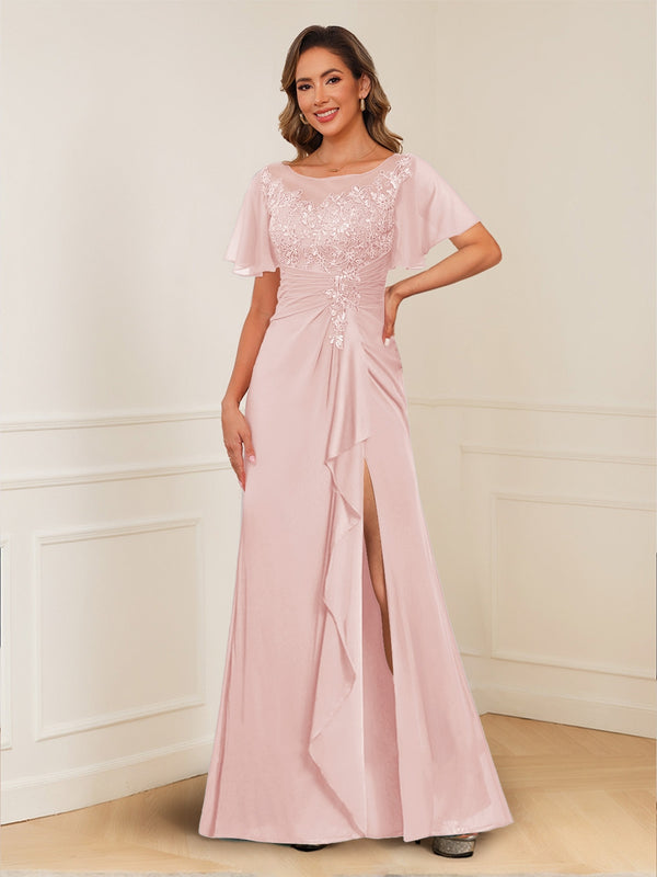 A-Line/Princess Illusion Scoop Appliques Ruched Mother of the Bride Dresses with Split Side