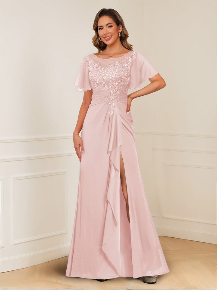 A-Line/Princess Illusion Scoop Appliques Ruched Mother of the Bride Dresses with Split Side