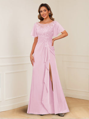 A-Line/Princess Illusion Scoop Appliques Ruched Mother of the Bride Dresses with Split Side