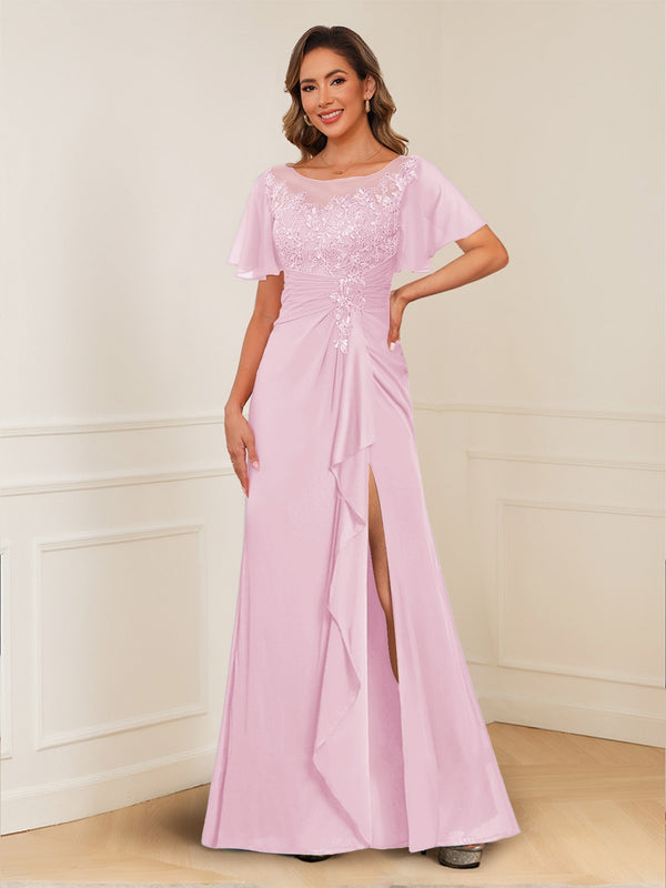 A-Line/Princess Illusion Scoop Appliques Ruched Mother of the Bride Dresses with Split Side