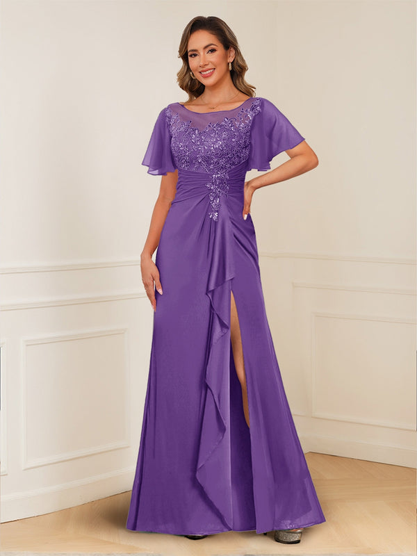 A-Line/Princess Illusion Scoop Appliques Ruched Mother of the Bride Dresses with Split Side