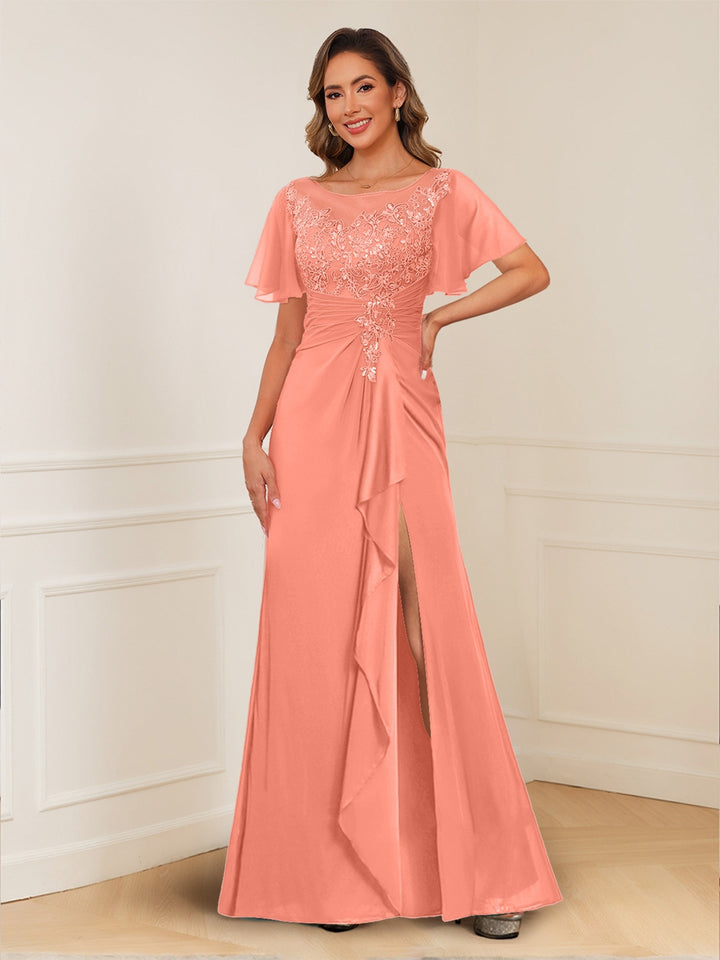 A-Line/Princess Illusion Scoop Appliques Ruched Mother of the Bride Dresses with Split Side