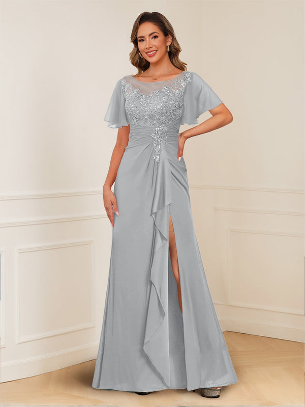 A-Line/Princess Illusion Scoop Appliques Ruched Mother of the Bride Dresses with Split Side