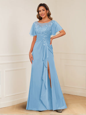 A-Line/Princess Illusion Scoop Appliques Ruched Mother of the Bride Dresses with Split Side