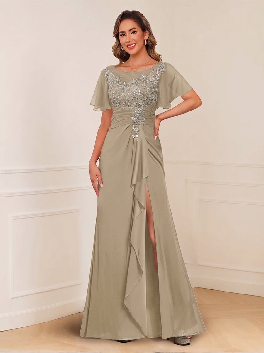 A-Line/Princess Illusion Scoop Appliques Ruched Mother of the Bride Dresses with Split Side