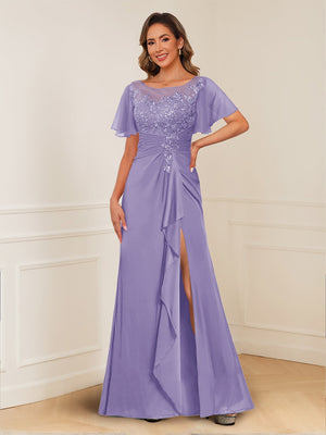 A-Line/Princess Illusion Scoop Appliques Ruched Mother of the Bride Dresses with Split Side