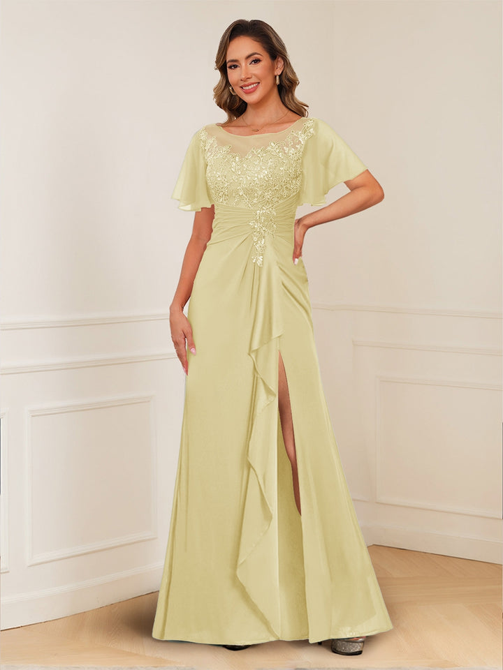 A-Line/Princess Illusion Scoop Appliques Ruched Mother of the Bride Dresses with Split Side