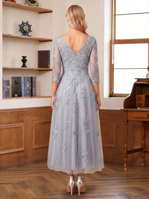 A-Line/Princess V-Neck Half Sleeves Ankle-Length Mother of the Bride Dresses with Appliques