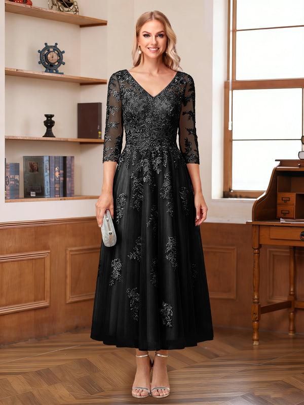 A-Line/Princess V-Neck Half Sleeves Ankle-Length Mother of the Bride Dresses with Appliques
