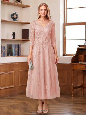 A-Line/Princess V-Neck Half Sleeves Ankle-Length Mother of the Bride Dresses with Appliques