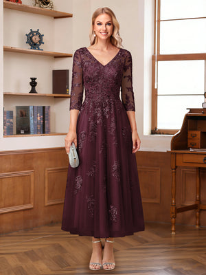 A-Line/Princess V-Neck Half Sleeves Ankle-Length Mother of the Bride Dresses with Appliques