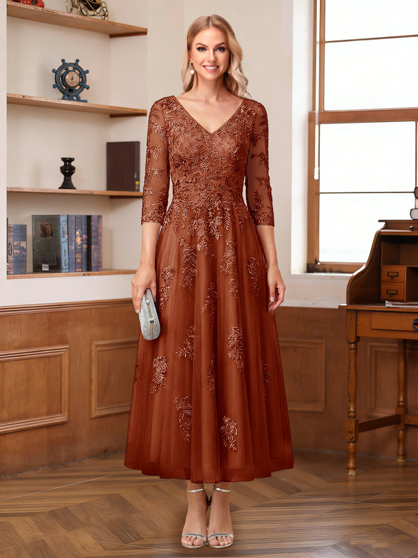 A-Line/Princess V-Neck Half Sleeves Ankle-Length Mother of the Bride Dresses with Appliques