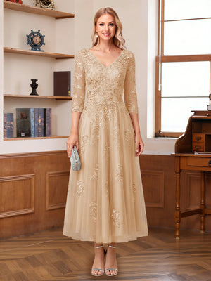 A-Line/Princess V-Neck Half Sleeves Ankle-Length Mother of the Bride Dresses with Appliques