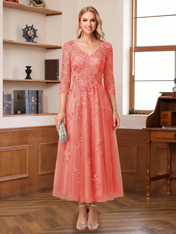 A-Line/Princess V-Neck Half Sleeves Ankle-Length Mother of the Bride Dresses with Appliques
