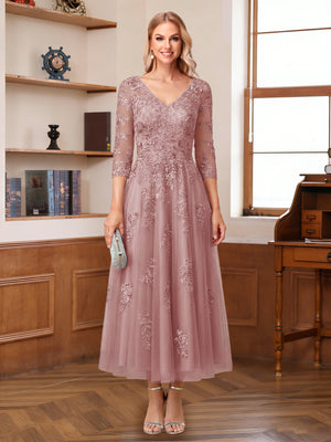 A-Line/Princess V-Neck Half Sleeves Ankle-Length Mother of the Bride Dresses with Appliques